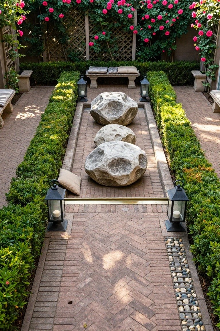 Symmetrical garden courtyard featuring a central brick pathway lined with boxwood hedges, large spherical boulders, stone lanterns, benches, and pink roses climbing a trellis fence.