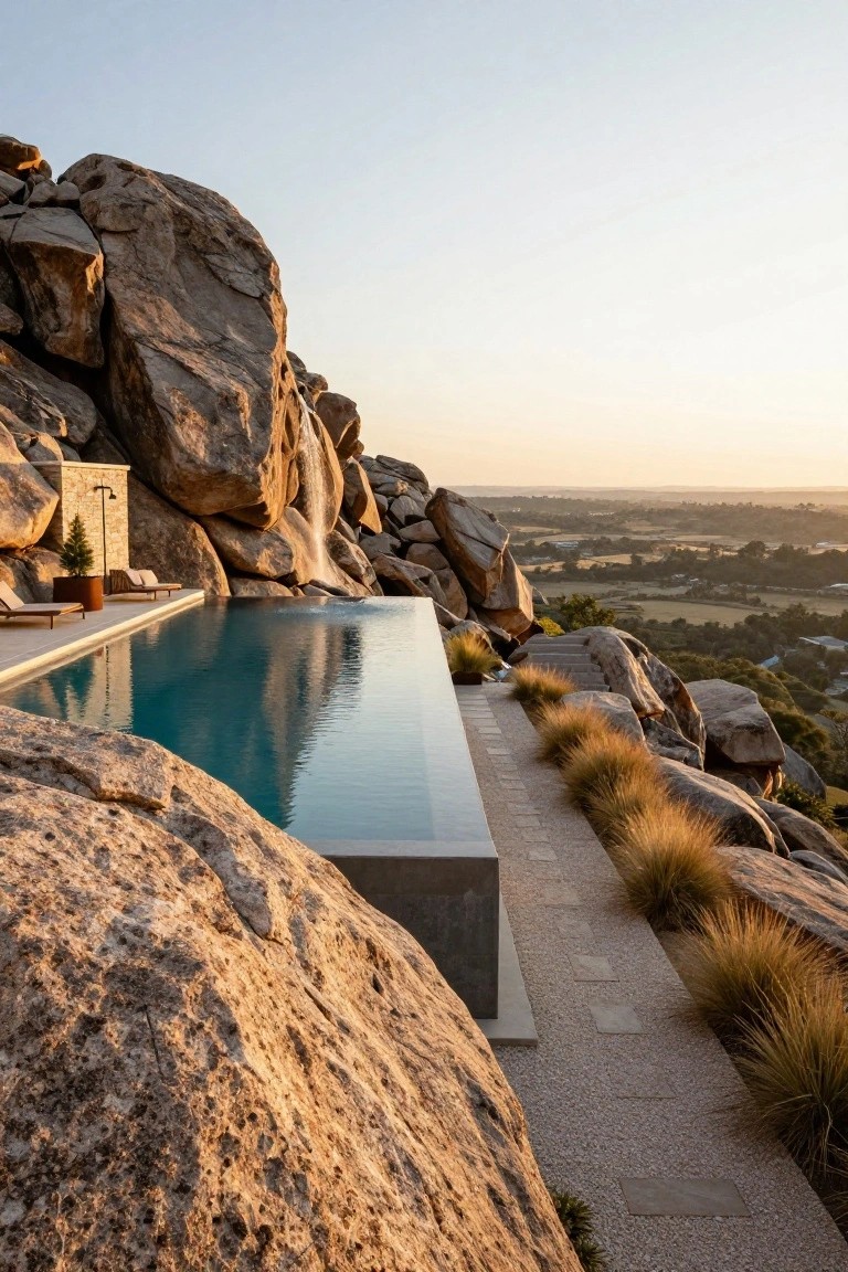 Infinity-edge pool with clear blue water along a stone deck flanked by large tan boulders, lounge chairs nearby, potted tree, grasses, and pathway on a rocky cliffside overlooking a green valley at sunset.