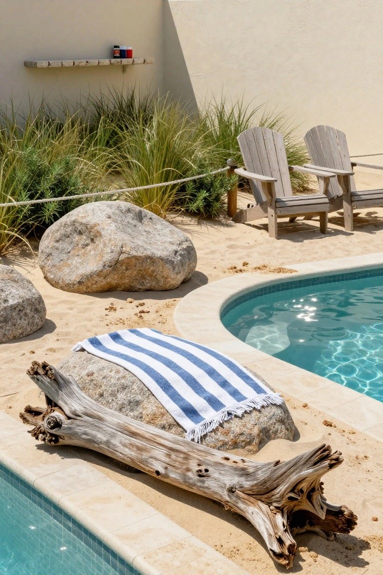 Curved turquoise pool bordered by large gray boulders and a driftwood log with a blue-and-white striped towel, sandy ground with grasses and rocks, two wooden Adirondack chairs nearby, and a beige wall with a wooden shelf holding jars.