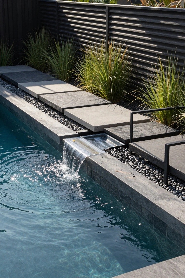 Swimming pool edge with gray concrete slab steps cantilevered over black pebble beds, a metal waterfall tray spilling water into turquoise pool water, grasses and dark slatted fence nearby.
