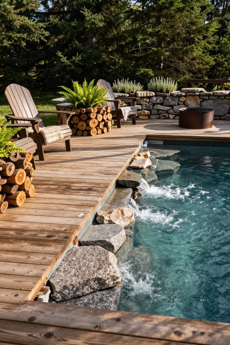 Wooden deck with Adirondack chairs, firewood stacks, plants, stone wall, and fire pit overlooking a rectangular swimming pool featuring a waterfall of water cascading over large gray boulders into the turquoise water.