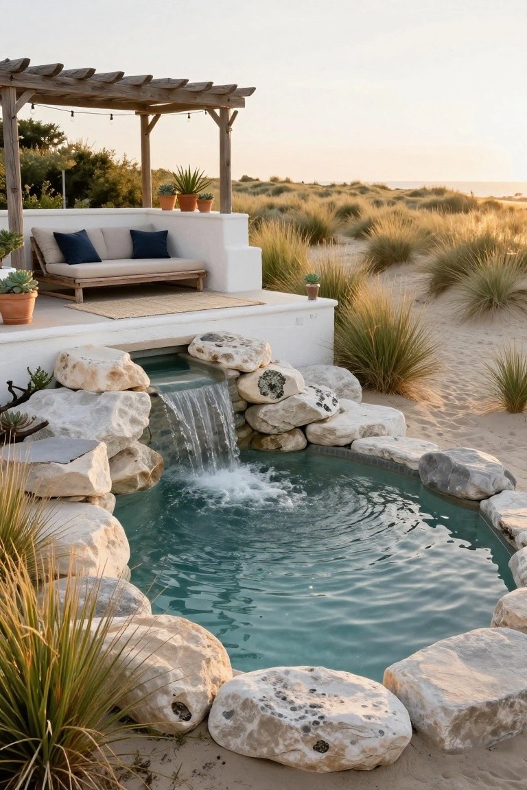 Small turquoise pool surrounded by large white boulders with a stacked stone waterfall cascading into it, adjacent to sandy dunes, grasses, potted plants, and a wooden pergola with beige cushions on a white platform.