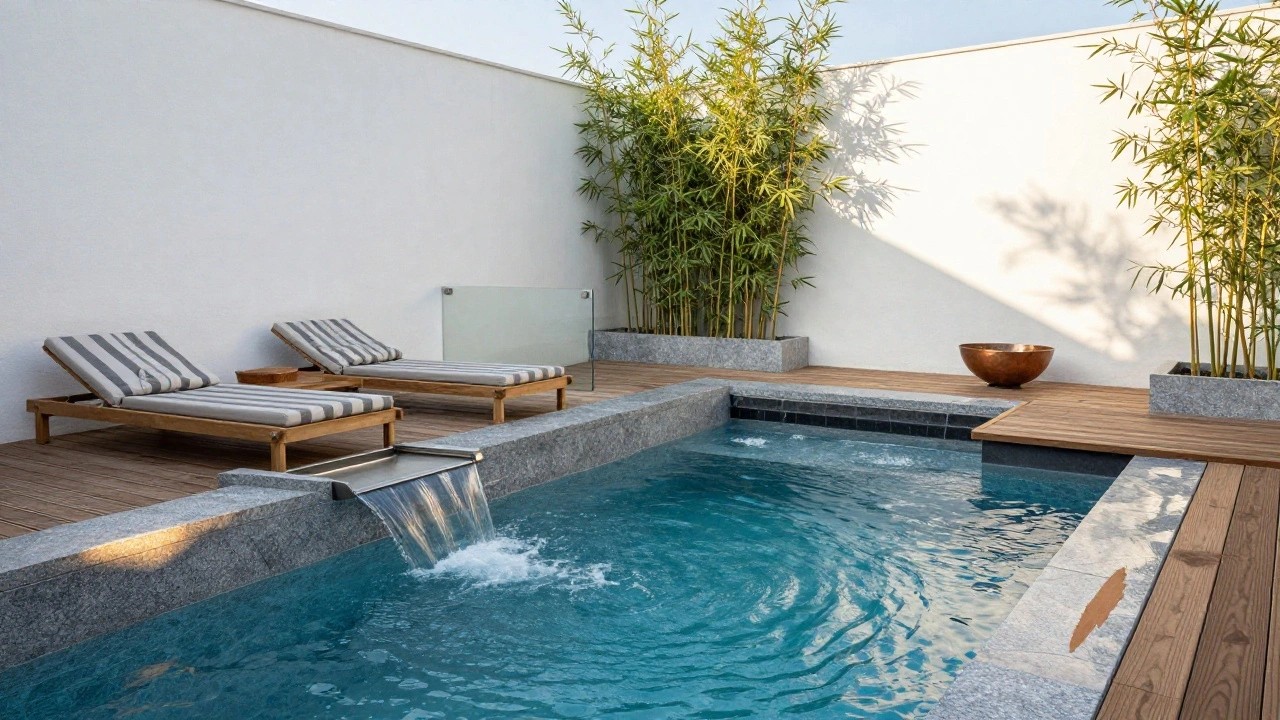 Narrow turquoise pool with water cascading over a light stone edge along its full length, surrounded by wood decking and stone paving, wooden loungers, bamboo plants against a white wall, and a copper fire bowl nearby.