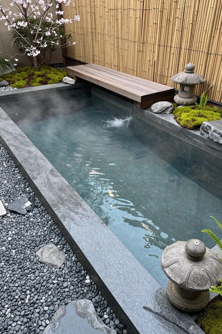 Rectangular stone-lined outdoor hot tub filled with steaming turquoise water and a small bubbling waterfall, surrounded by black gravel, moss patches, rocks, ferns, two stone lanterns, wooden bench, bamboo fence, and cherry blossom tree.