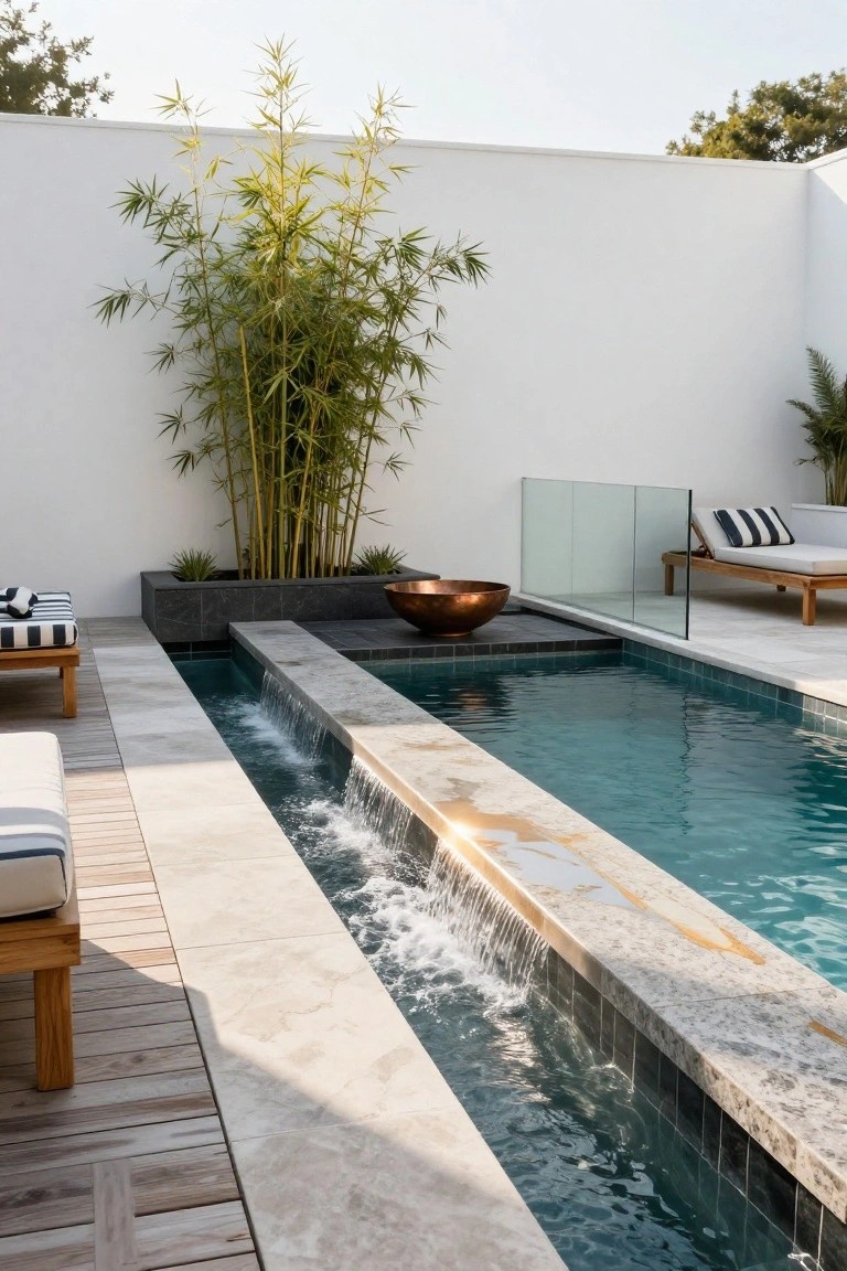 Narrow turquoise pool with water cascading over a light stone edge along its full length, surrounded by wood decking and stone paving, wooden loungers, bamboo plants against a white wall, and a copper fire bowl nearby.