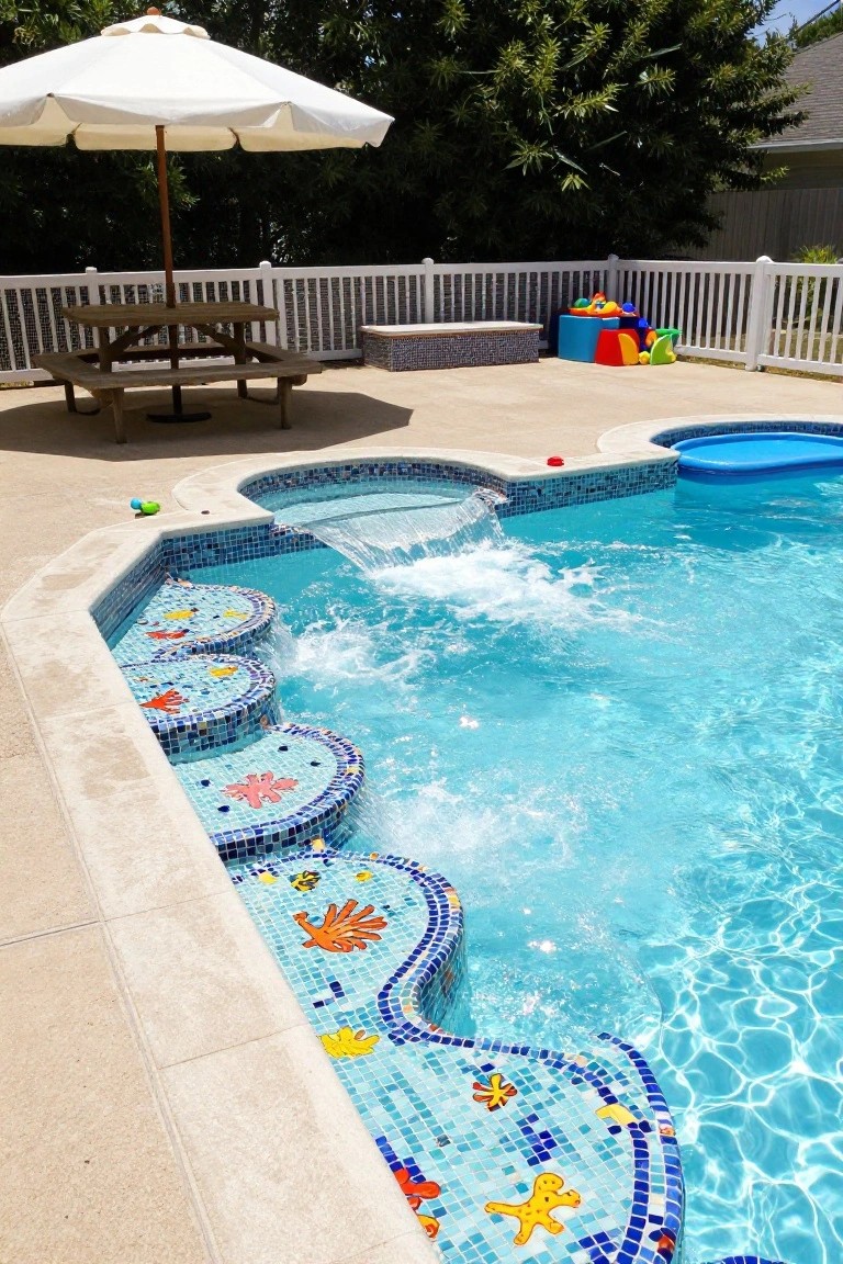 Backyard pool featuring colorful mosaic-tiled steps descending into turquoise water with a small waterfall cascading over them, white picket fence, picnic table, umbrella, and scattered toys nearby.