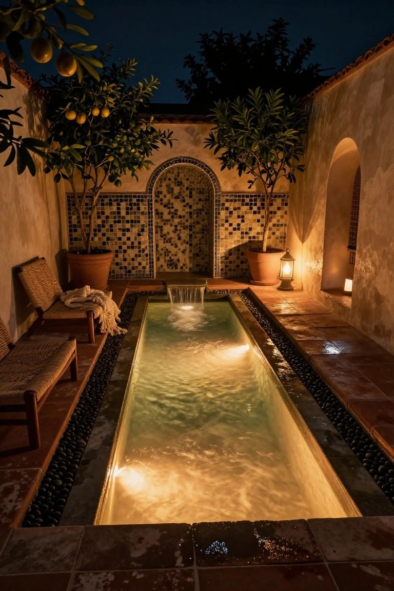 Nighttime photo of a narrow rectangular pool with a small waterfall at one end in a walled courtyard, surrounded by terracotta pavers, black pebble edging, potted plants including citrus trees, lounge chairs with a blanket, tiled archway, and lanterns.