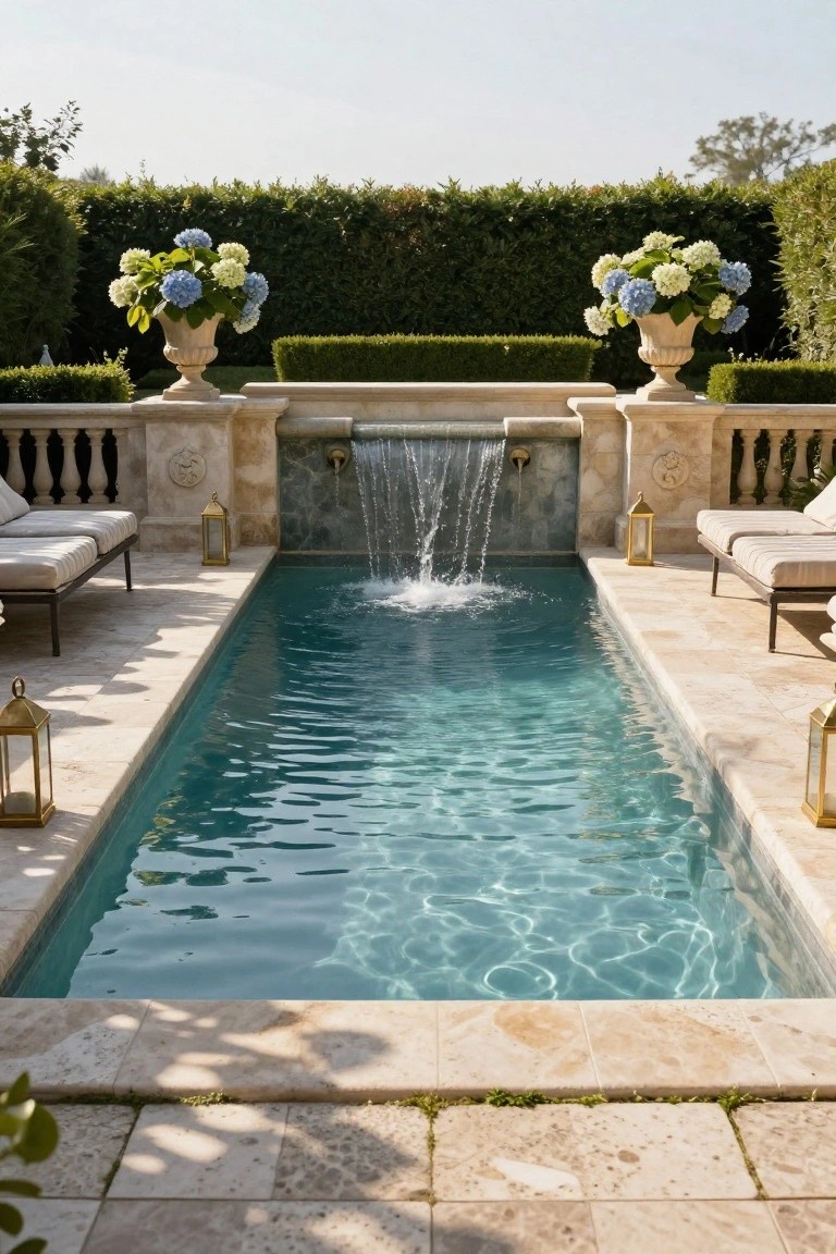 Narrow rectangular pool with a stone waterfall cascading from a carved fountain into the turquoise water, flanked by beige lounge chairs, brass lanterns, and large urns of blue and white hydrangeas on stone pedestals, surrounded by hedges and balustrades on a travertine deck.