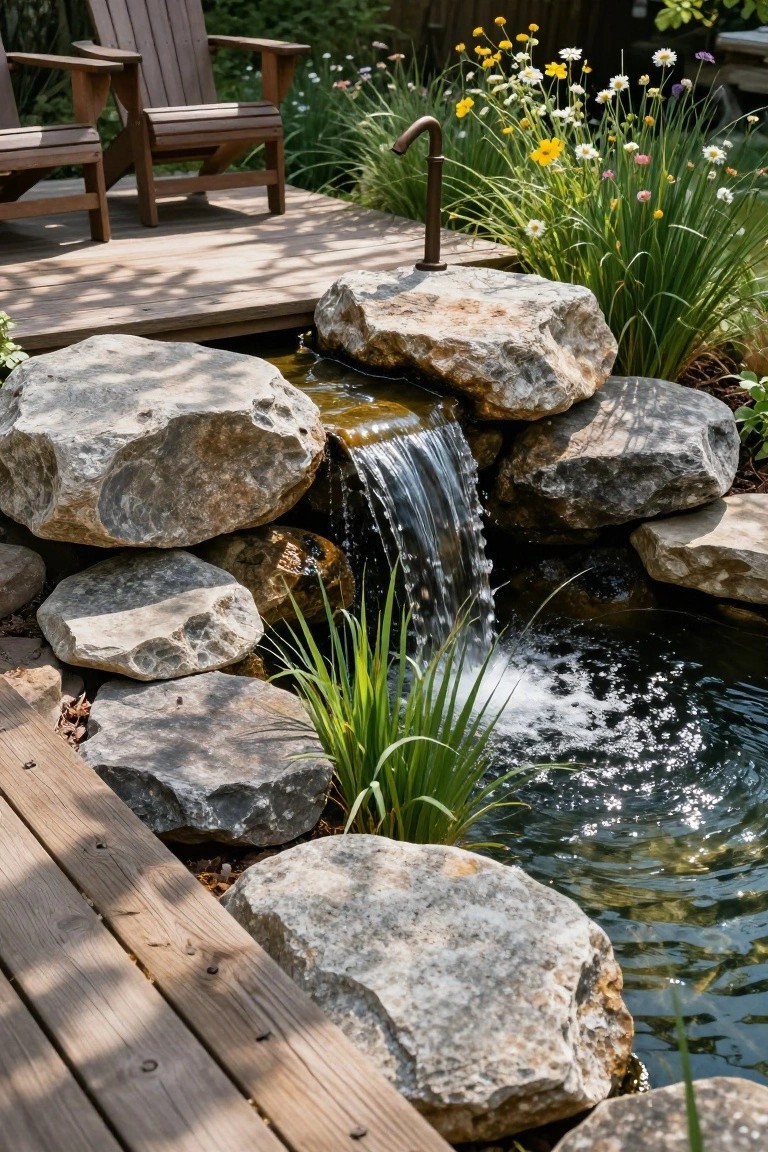 A small backyard pond edged with large natural rocks and plants, featuring a waterfall cascading from stacked boulders into the water, adjacent to a wooden deck with two Adirondack chairs.