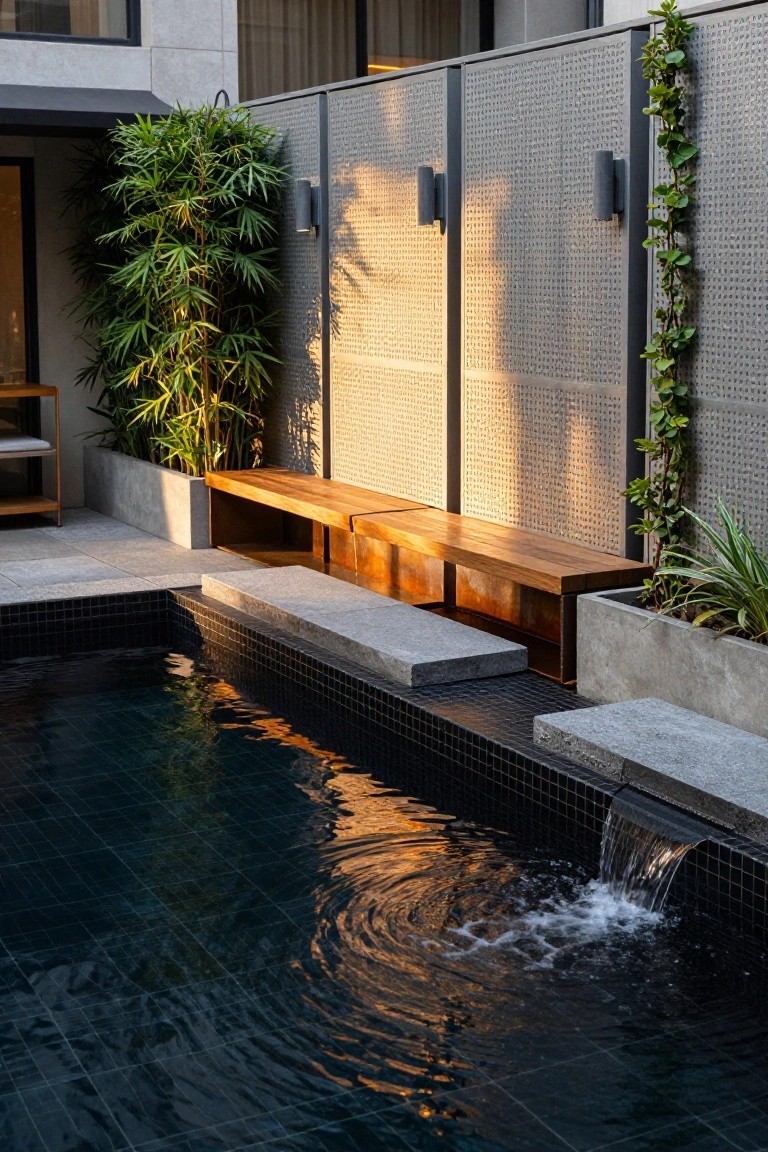 Dark-tiled rectangular pool with water cascading over one edge, wooden bench and concrete steps beside it, tall bamboo plants and screened fence enclosing the area.