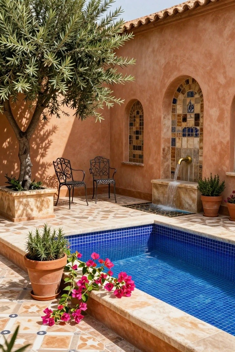 Small blue mosaic-tiled pool in a terracotta-tiled patio with a gold faucet fountain on stucco wall cascading water into stone basin, wrought-iron chairs, olive tree, and potted plants nearby.