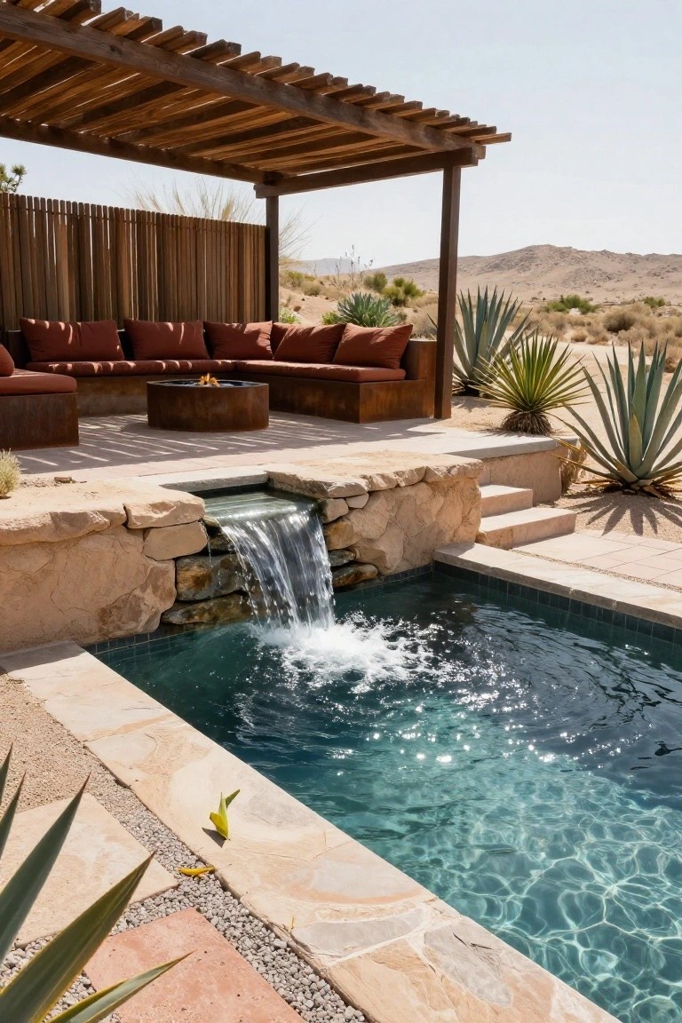 Small turquoise pool with waterfall cascading from stacked stone wall, next to elevated wooden pergola lounge seating with red cushions and central fire pit, surrounded by desert agave plants and sandy terrain.