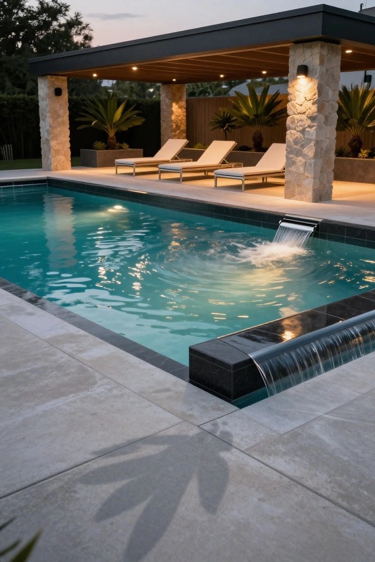 Backyard pool with black stone edge waterfall spilling into turquoise water, white loungers under wooden pergola on stone pillars amid potted palms and evening lights.
