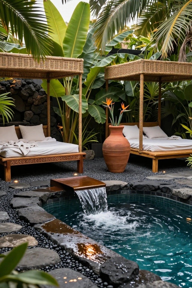 Compact turquoise plunge pool with waterfall cascading from a metal edge over black pebbles and stone steps, two wooden daybeds under rattan cabanas, lava rock walls, large terracotta pot, bird of paradise flowers, and lush tropical plants.