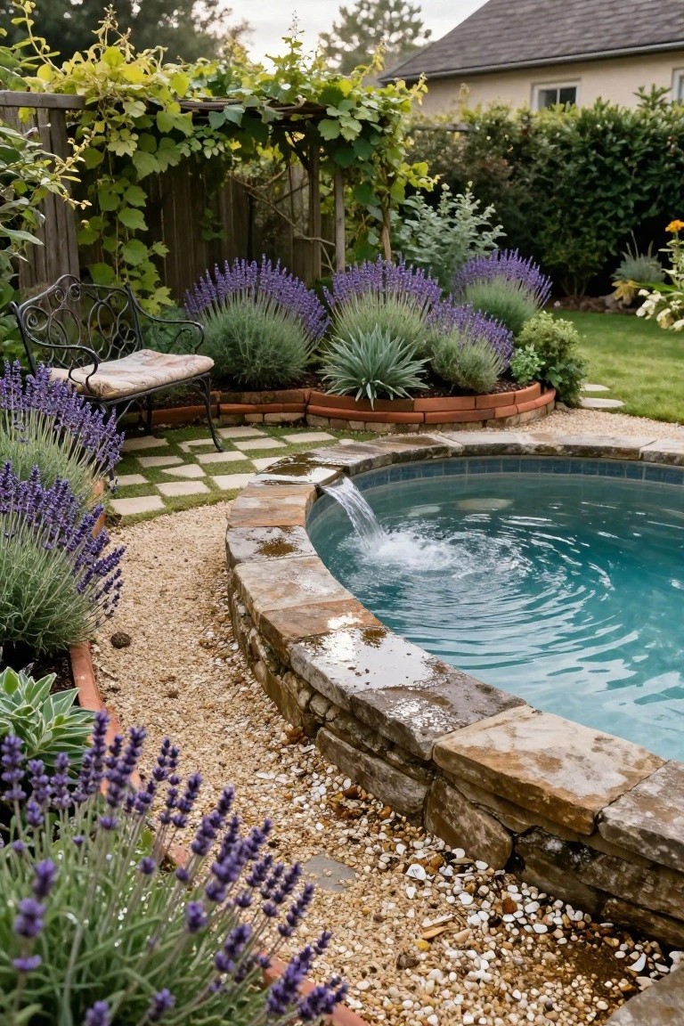 Small curved turquoise pool with waterfall spilling into it, edged by beige stone wall, surrounded by clusters of purple lavender plants, gravel paths, brick borders, a black metal bench, and distant house with greenery.