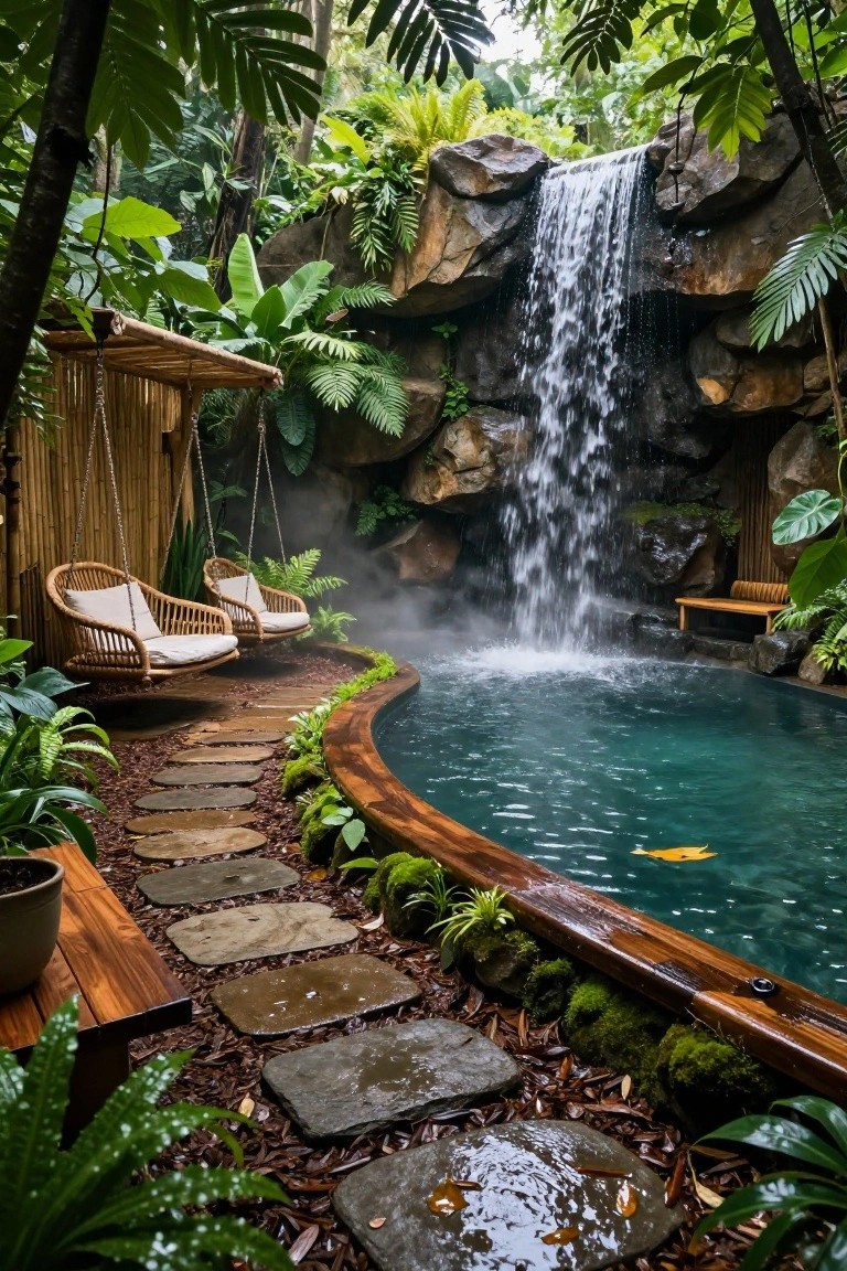 Curved turquoise pool with a multi-tiered rock waterfall cascading into it, surrounded by dense tropical foliage, bamboo hanging swings, wooden bench, and a stone path edged in wood.