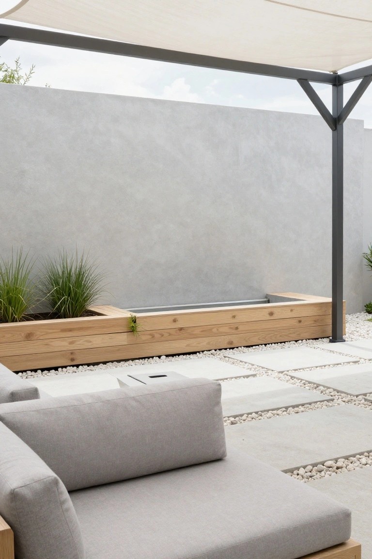 Gray corner sofa on a patio with white pavers and white pebbles, next to wooden raised planters containing grasses and a shallow rectangular metal water trough against a gray wall, under a beige fabric shade sail supported by black metal posts.