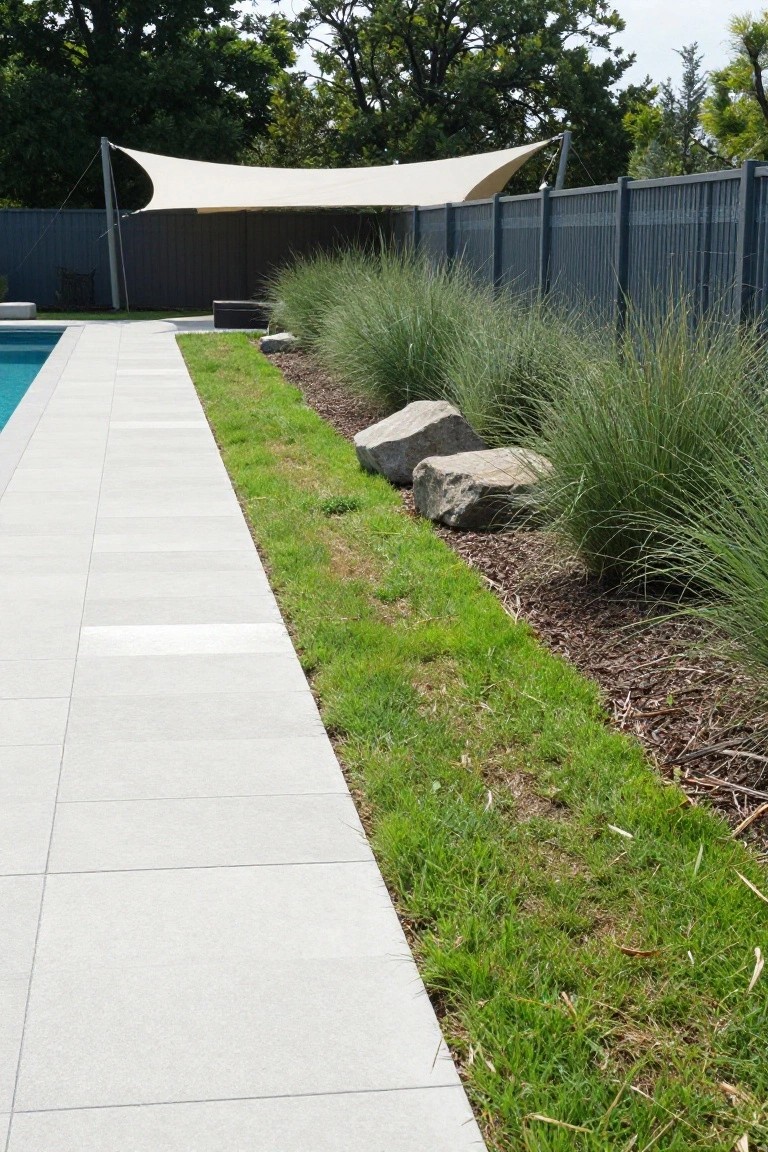 Poolside concrete paver path edged with large boulders, tall ornamental grasses, mulch beds, and lawn strips next to a dark fence and shade sail structure.