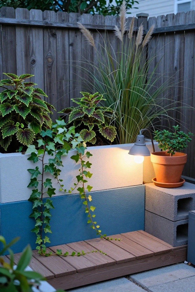 Raised planters constructed from stacked painted white and blue cinder blocks filled with coleus plants and trailing ivy, beside pampas grass, a small potted plant, a hanging gray lamp, and a wooden platform against a wooden fence in a backyard.