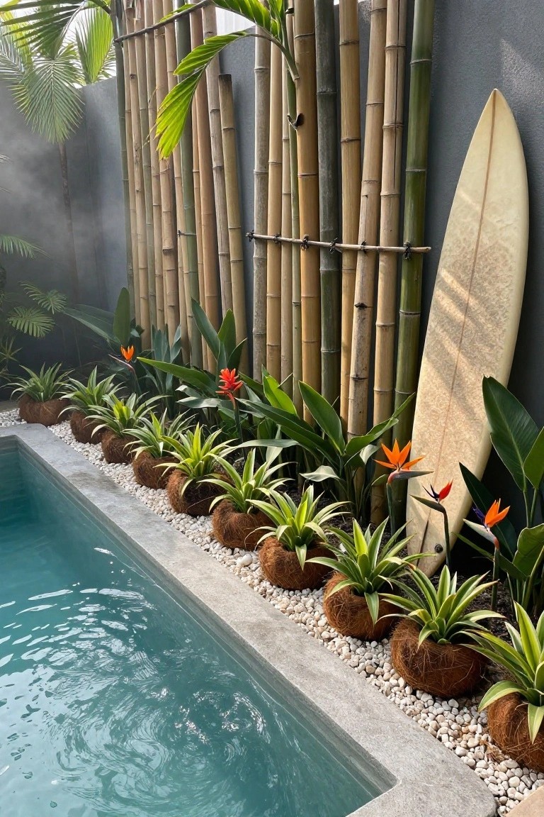 Narrow turquoise pool edged with white pebbles and rows of green plants in brown coconut fiber pots, with tropical plants, bamboo fencing, and a white surfboard against a gray wall.