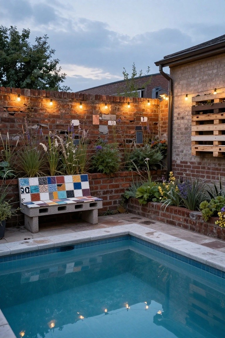 A concrete block bench topped with colorful assorted tiles sits beside a small turquoise pool in a backyard enclosed by a brick wall with string lights and various plants.