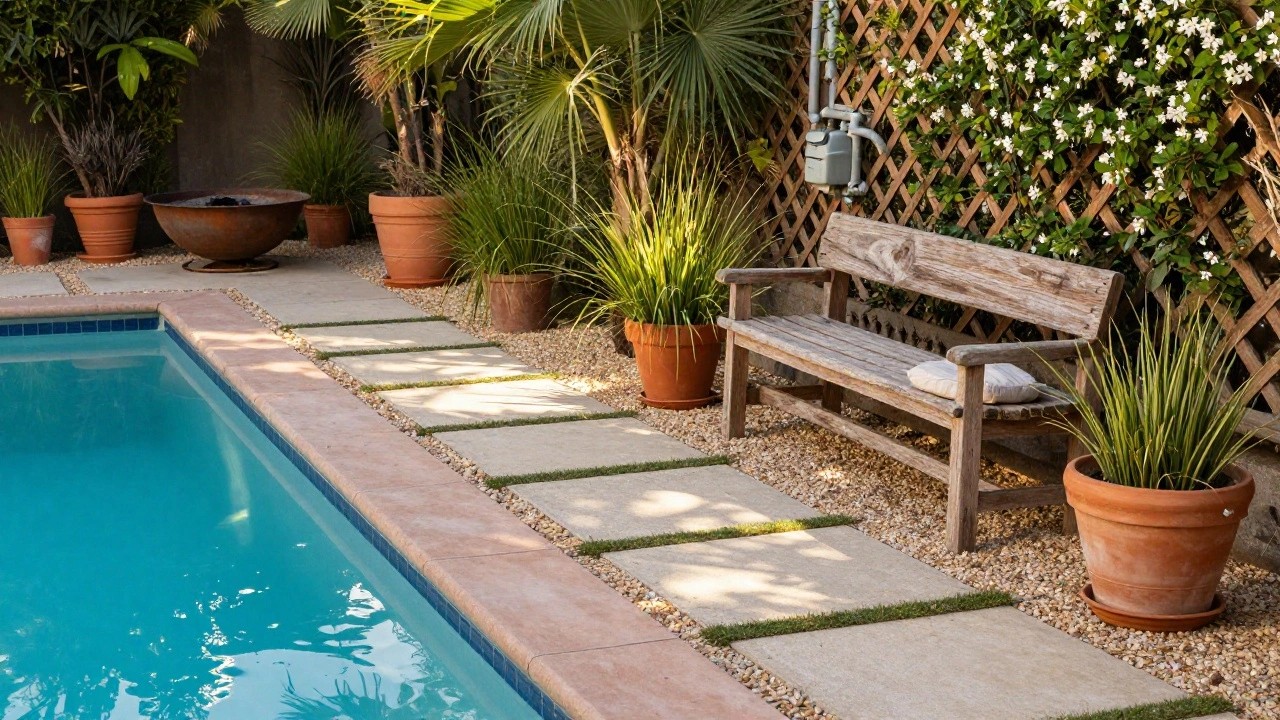 Narrow in-ground pool with beige stone coping edged in pebbles and grass strips, lined with large terracotta pots of tall grasses, a stepping stone path alongside, wooden bench, chair, and fire pit nearby.
