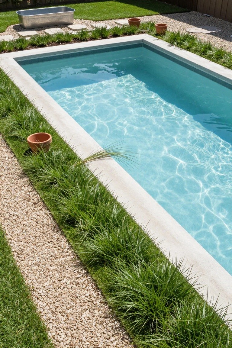 Rectangular turquoise pool with white stone coping, bordered by green grass, tan gravel paths, ornamental grasses, and scattered terra cotta pots in a backyard setting.