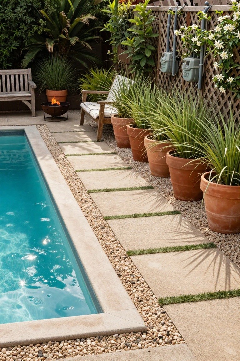 Narrow in-ground pool with beige stone coping edged in pebbles and grass strips, lined with large terracotta pots of tall grasses, a stepping stone path alongside, wooden bench, chair, and fire pit nearby.
