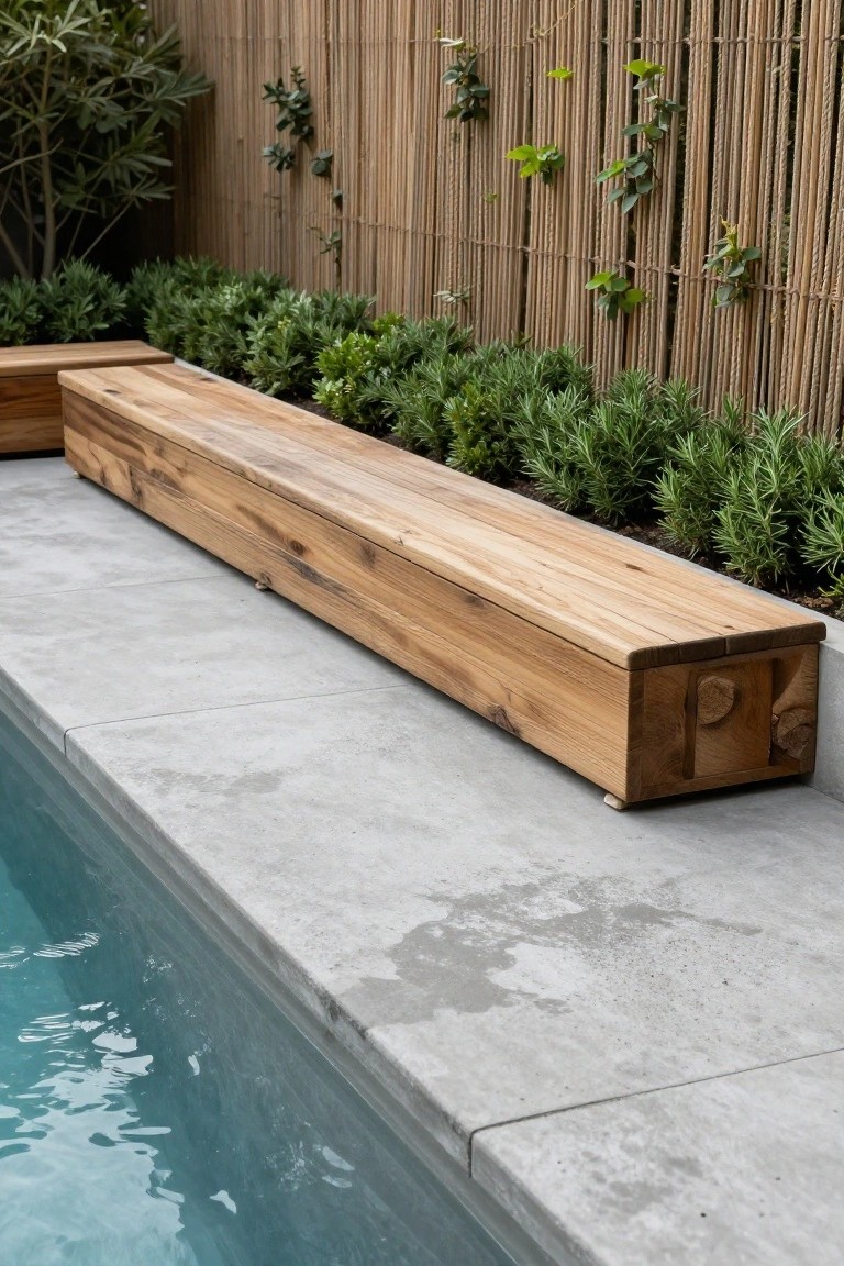 Long Wooden Poolside Bench