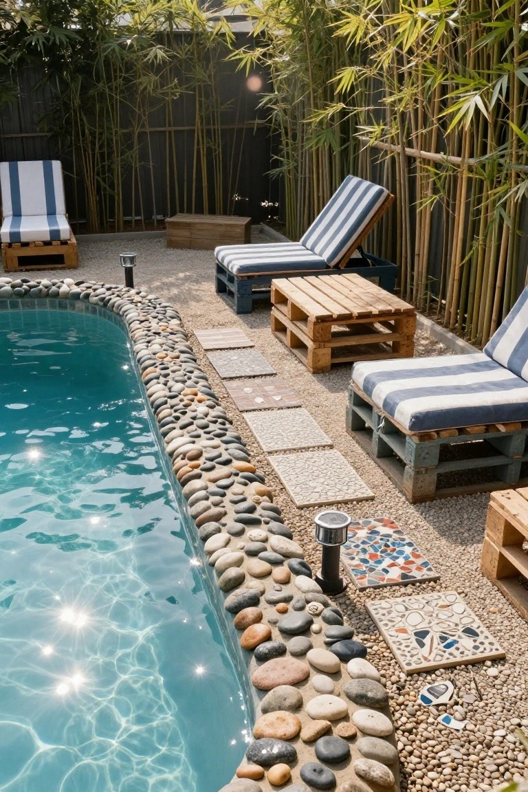 Curved turquoise pool with smooth pebble border, gravel poolside area featuring wooden pallet loungers topped with blue-and-white striped cushions, mosaic tile stepping stones, low lights, and tall bamboo screening behind.