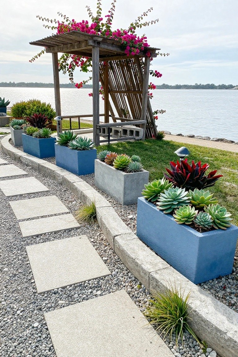 Curved stone pathway edged with blue and gray rectangular pots containing various succulents, a wooden pergola draped in pink bougainvillea with bench seating underneath, grasses, and a lake beyond a concrete curb.