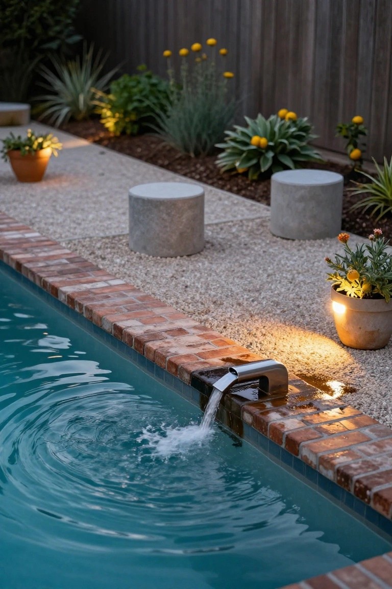 Backyard swimming pool with brick coping and a silver metal spout mounted on the edge pouring a thin stream of water into the turquoise water, adjacent gravel path with concrete cylinder stools and potted plants lit by ground lights.