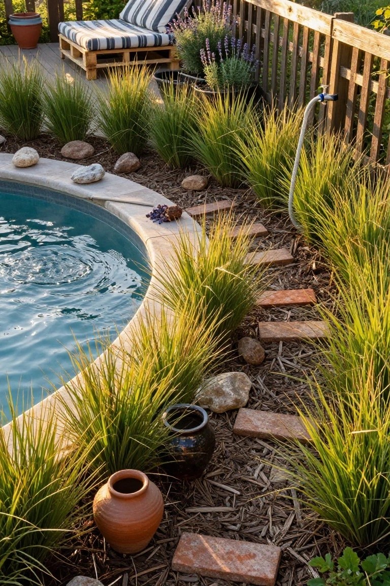 Brick stepping stones set in mulch beds winding through tall ornamental grasses beside a curved in-ground pool, with rocks, terracotta pots, and a wooden fence in the background.