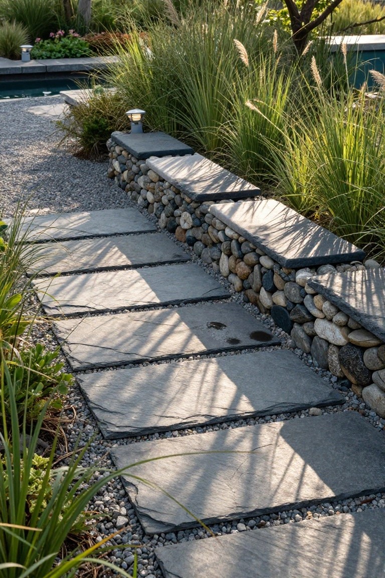 A garden path of large dark rectangular stone slabs set into light gravel, bordered by a low dry-stacked wall of rounded pebbles and surrounded by tall ornamental grasses near a pool.