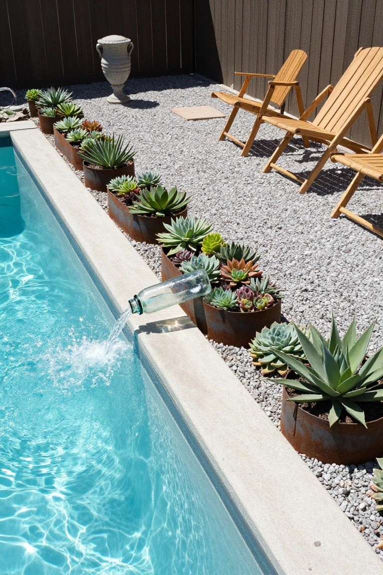 Swimming pool with edge lined by succulents in rectangular and round rusty metal containers, gravel ground cover, wooden folding chairs nearby, and a tilted glass bottle fountain pouring water into the pool.