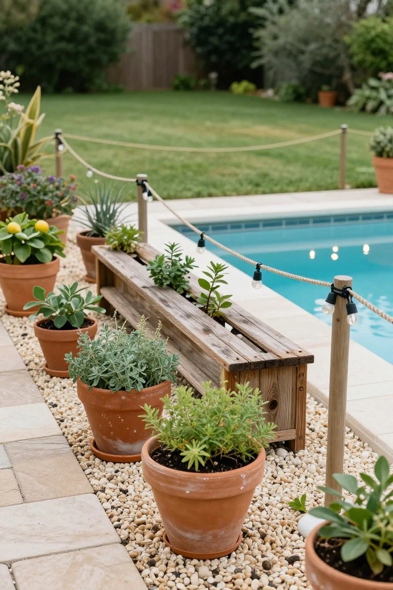 Long wooden planter box filled with green herbs and plants along the edge of a turquoise pool, with terracotta pots of succulents and shrubs on a gravel path bordered by rope lights and posts.