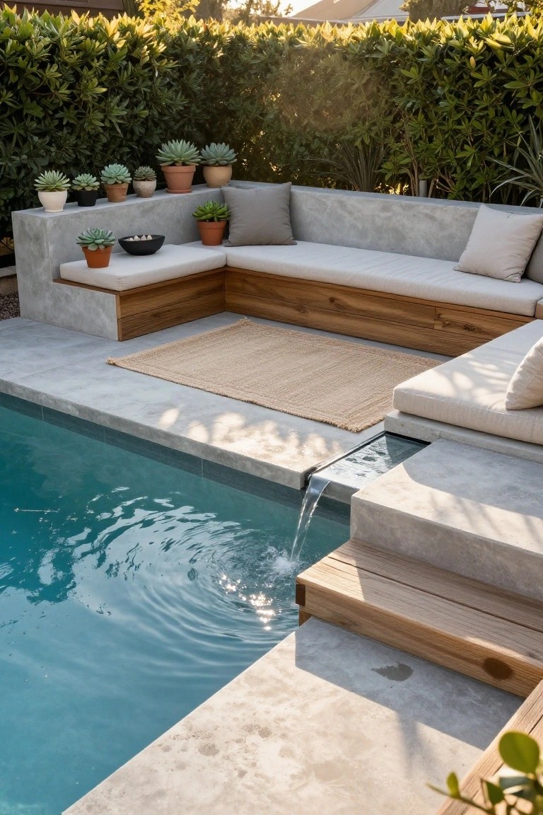 15 Clever Pool Ideas for Small Yards That Maximize Space L-shaped built-in concrete bench with wooden accents and cushions along the edge of a small turquoise pool, featuring potted succulents, a seagrass rug, and a narrow waterfall, surrounded by hedges and plants.