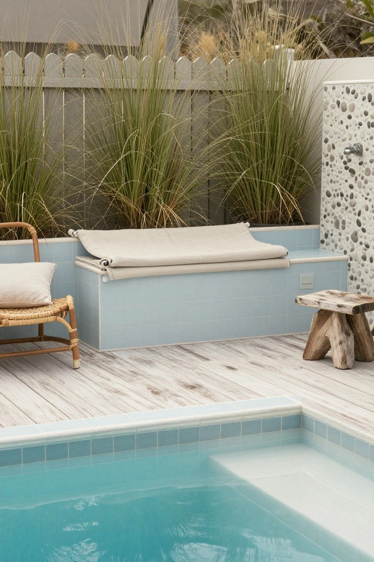 15 Clever Pool Ideas for Small Yards That Maximize Space Outdoor poolside with tiled bench, rattan chair, and pebble shower.