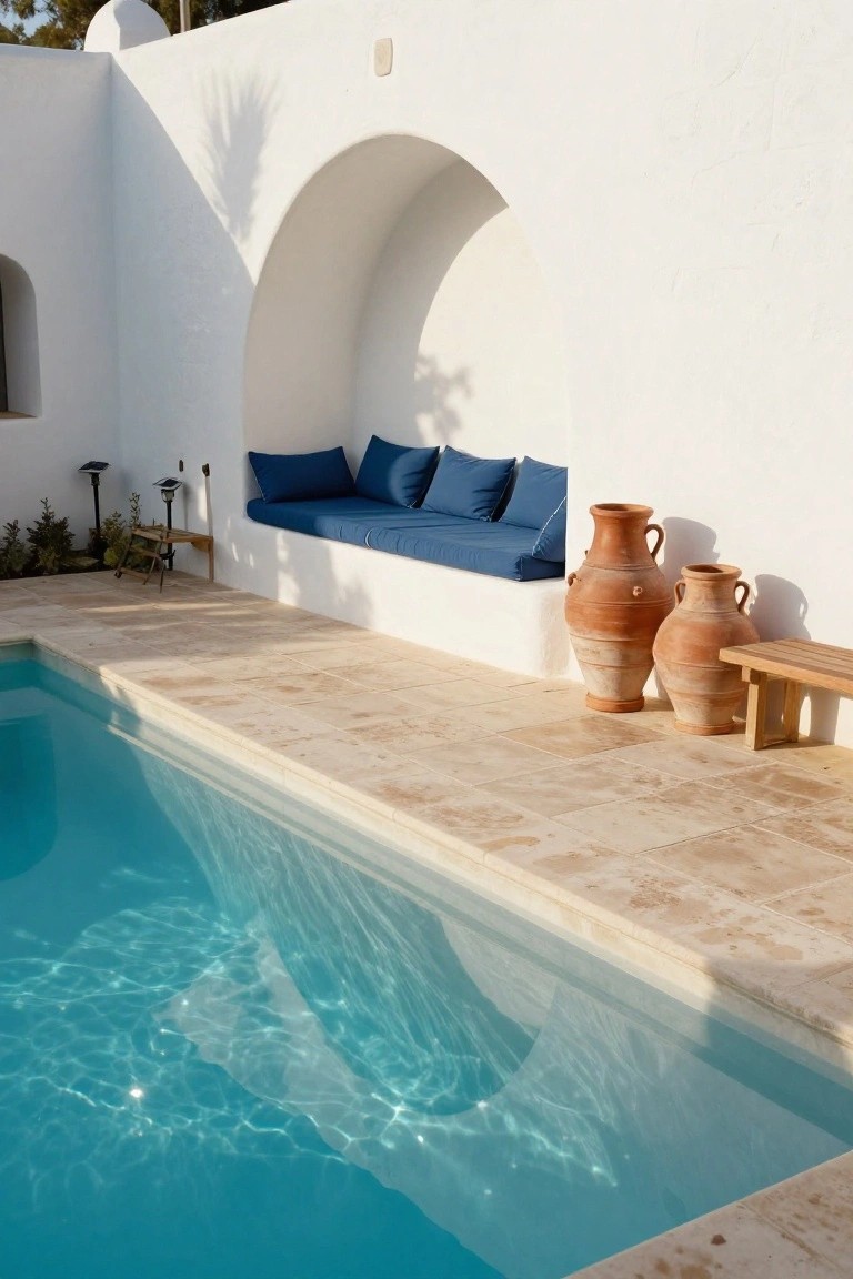 15 Clever Pool Ideas for Small Yards That Maximize Space White stucco wall with arched built-in bench topped by blue cushions next to a small rectangular pool on beige stone tiles, with two large terracotta pots and a wooden stool nearby.