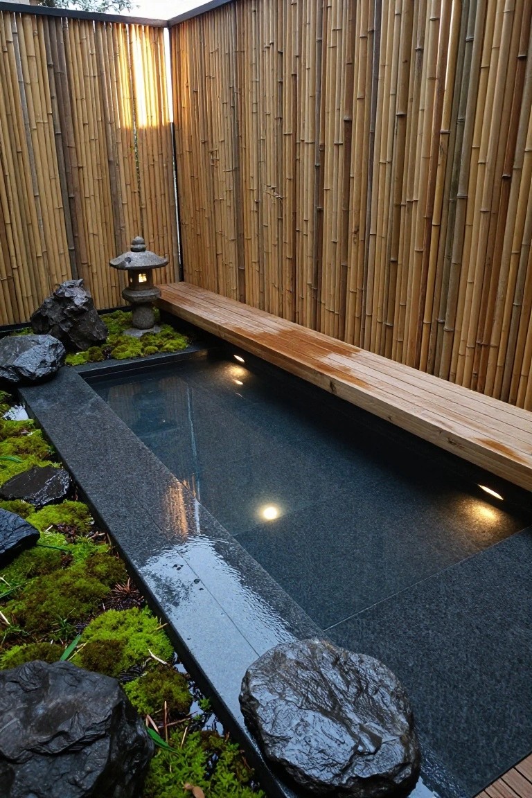 15 Clever Pool Ideas for Small Yards That Maximize Space Small rectangular dark pool with black stone surround, adjacent wooden bench, stone lantern, mossy rocks, and tall bamboo fencing in a compact enclosed yard space.