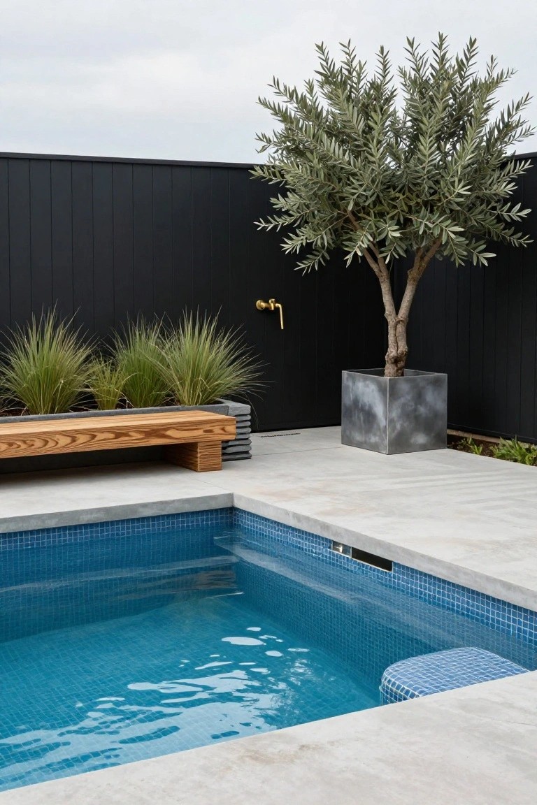 15 Clever Pool Ideas for Small Yards That Maximize Space Small blue mosaic-tiled plunge pool in a concrete-paved outdoor area with a long wooden bench nearby, potted grasses, a large olive tree in a square metal planter, and a tall black fence in the background.