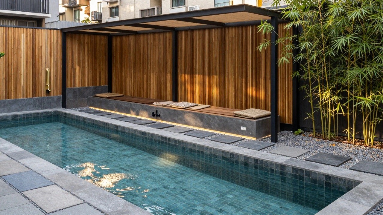 Narrow elongated pool with dark green tiles in a walled outdoor space featuring wooden paneling, bamboo screening, cushioned bench seating, gravel ground cover, and stepping stone path.