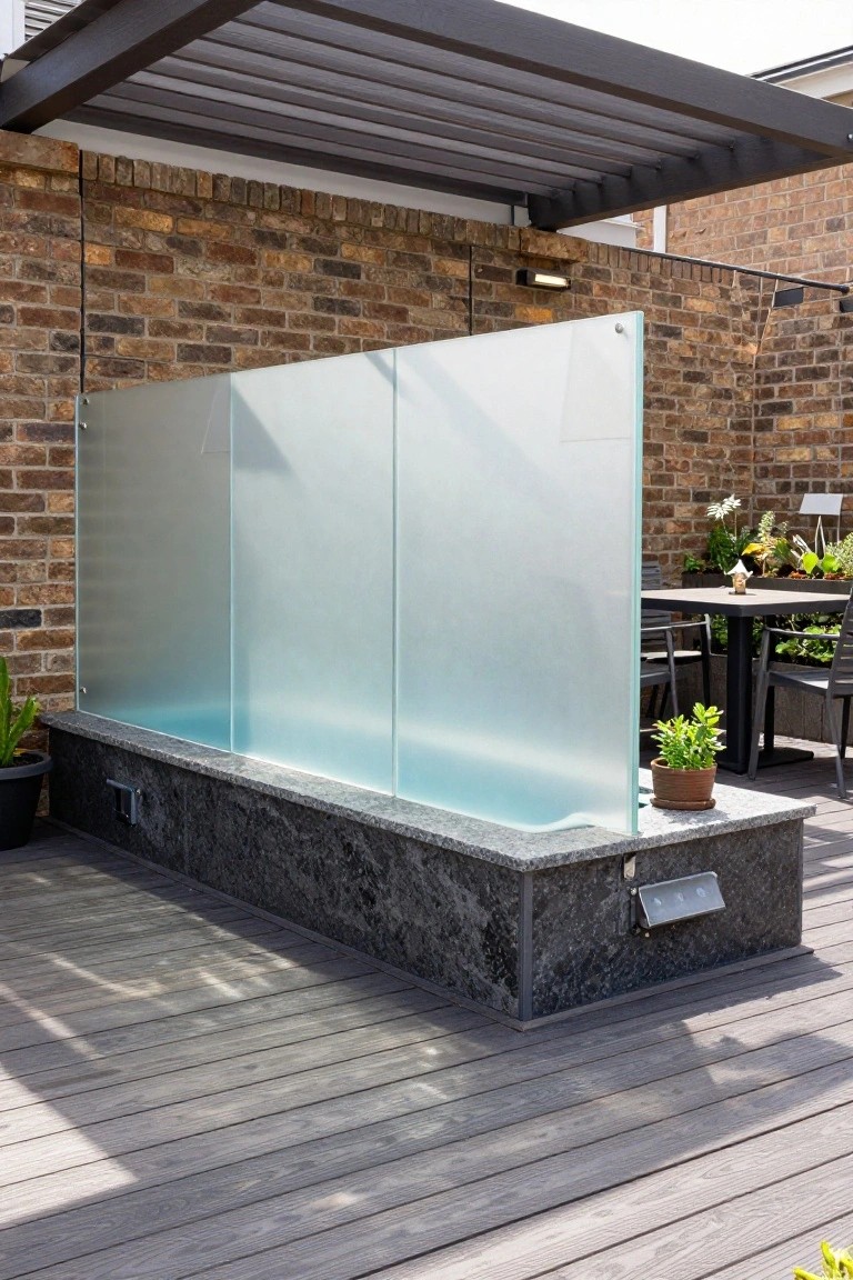 15 Clever Pool Ideas for Small Yards That Maximize Space Wooden deck area featuring tall frosted glass panels on a black granite base against a brick wall, with an overhead pergola, outdoor dining table and chairs, and potted plants.