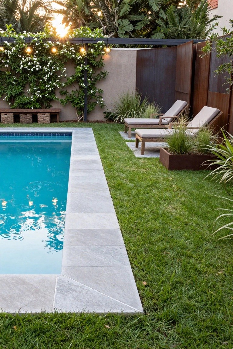 15 Clever Pool Ideas for Small Yards That Maximize Space Backyard swimming pool with blue water and gray stone tiled edge along a grassy lawn, wooden loungers nearby, plants in metal planters, and a fence with string lights and greenery at sunset.