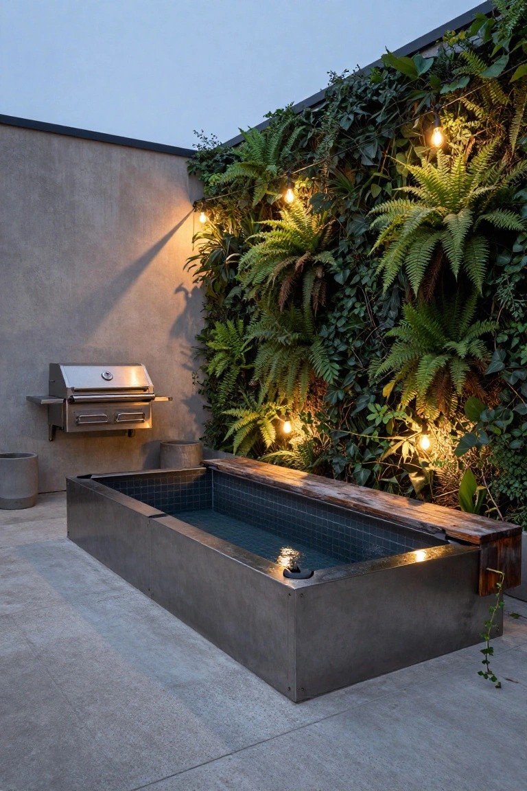 15 Clever Pool Ideas for Small Yards That Maximize Space Narrow rectangular pool with metal edges and blue tiles set into a concrete patio, next to a vertical wall covered in ferns, a wall-mounted stainless steel BBQ grill, concrete planters, and warm string lights.