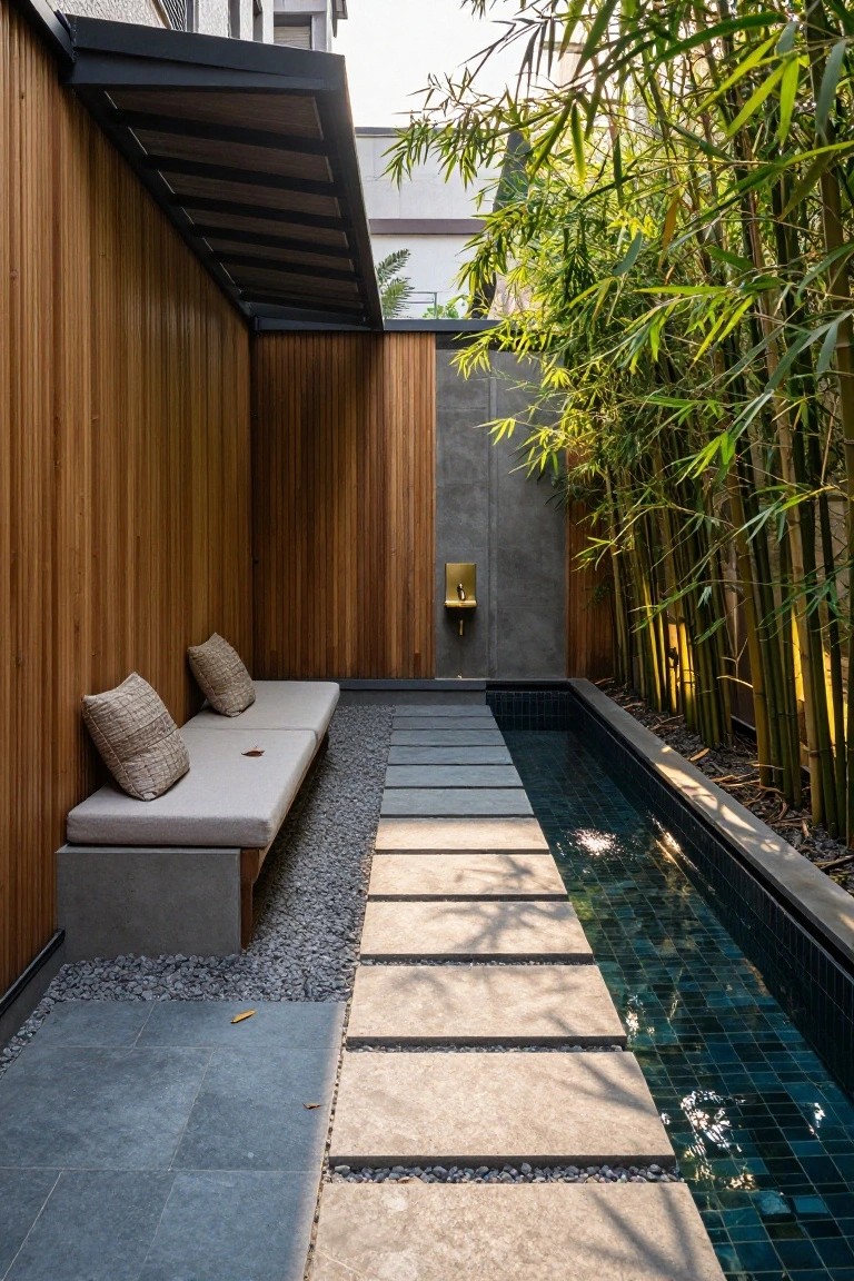 15 Clever Pool Ideas for Small Yards That Maximize Space Narrow elongated pool with dark green tiles in a walled outdoor space featuring wooden paneling, bamboo screening, cushioned bench seating, gravel ground cover, and stepping stone path.