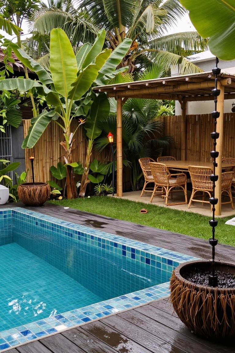 15 Clever Pool Ideas for Small Yards That Maximize Space Small turquoise mosaic-tiled pool next to a dark wood deck, with a bamboo pergola sheltering a rattan dining table and chairs, surrounded by tropical plants, torches, and a bamboo privacy fence.