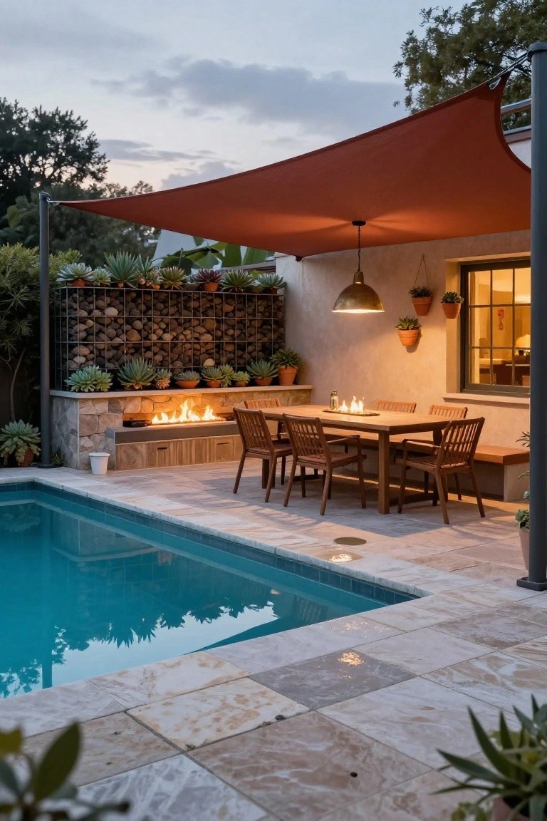 15 Clever Pool Ideas for Small Yards That Maximize Space Outdoor pool with blue water next to a stone ledge featuring a linear gas fire pit, wooden rectangular dining table with chairs, red triangular shade sail overhead, potted succulents, and gabion rock wall.