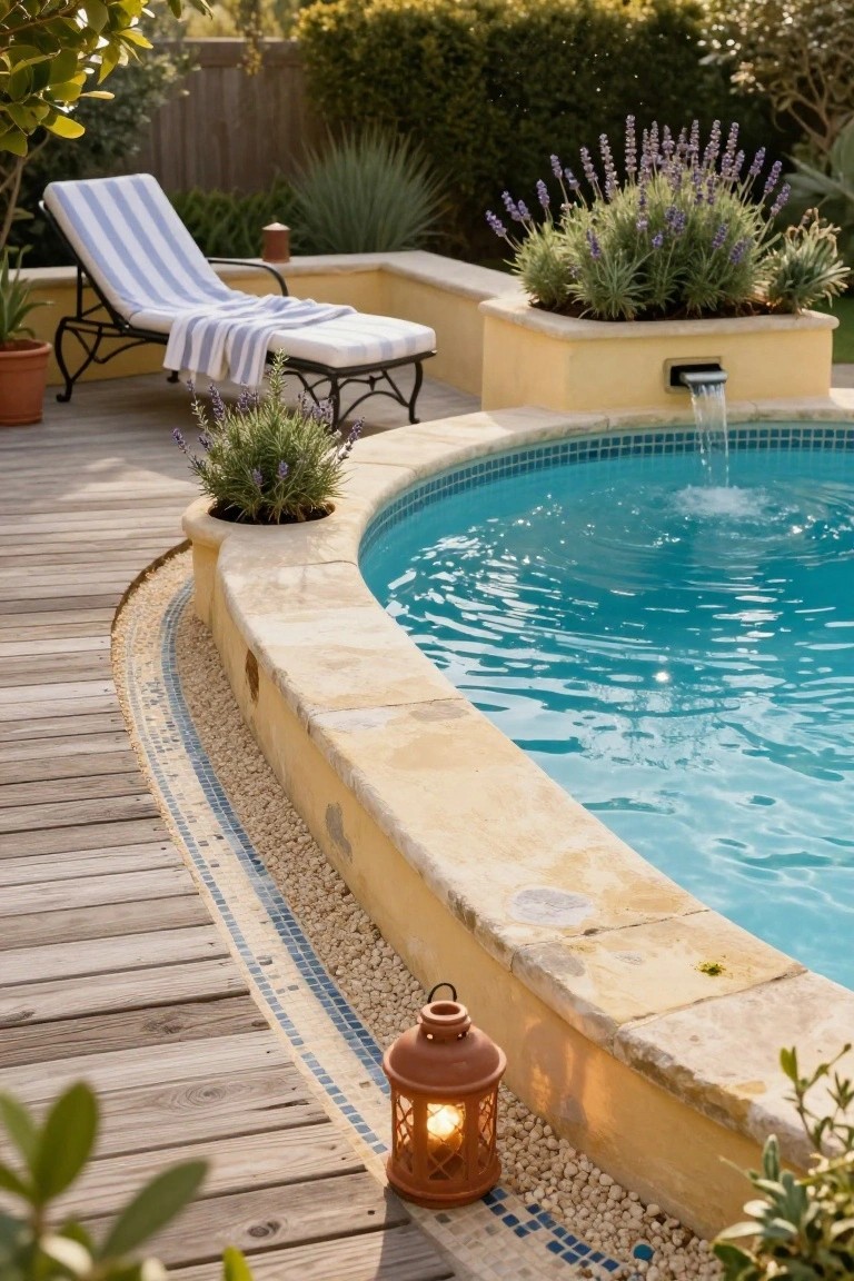 15 Clever Pool Ideas for Small Yards That Maximize Space Curved turquoise pool with yellow stucco raised edge featuring a planter box of lavender plants and a wall fountain, next to wooden decking, lounge chair, potted plants, and terracotta lantern.