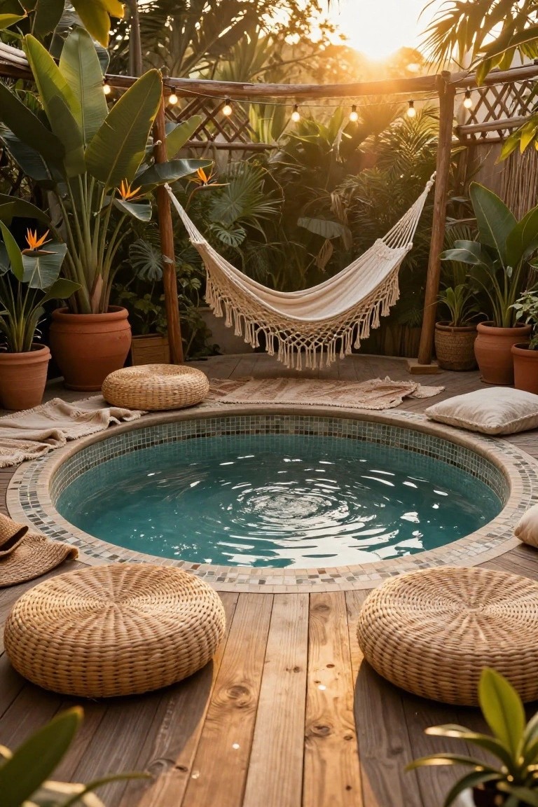 15 Clever Pool Ideas for Small Yards That Maximize Space Circular blue-tiled hot tub on a wooden deck surrounded by rattan poufs, cushions, blankets, potted plants, and a white fringed hammock under string lights in a tropical garden at sunset.
